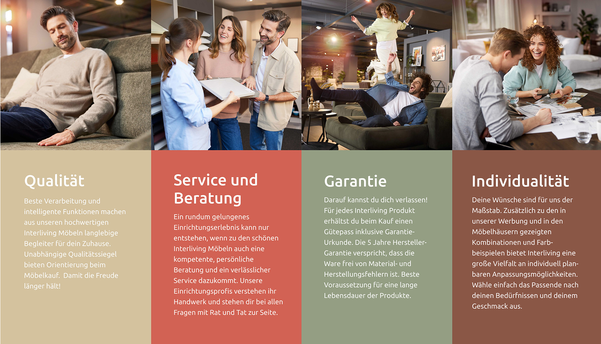 Vier Bilder zufriedener Menschen mit Interliving Möbeln
