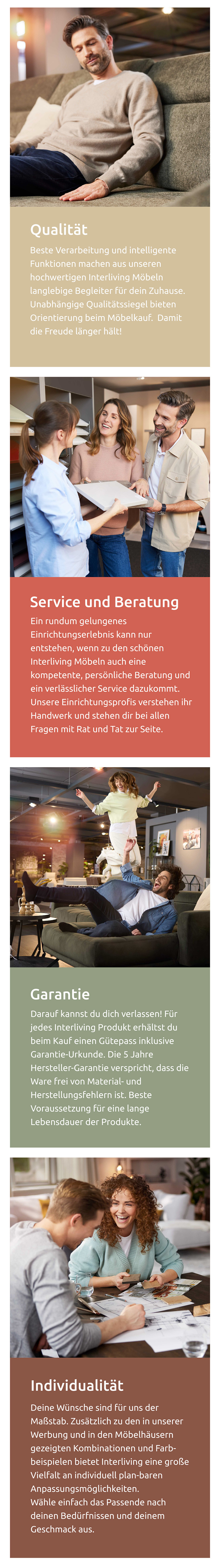 Vier Bilder zufriedener Menschen mit Interliving Möbeln