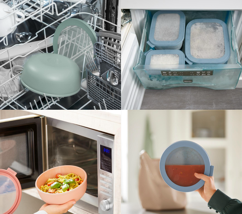 Mepal Schüsseln in der Spülmaschine, im Gefrierschrank, in der Mirkowelle und auslaufsicher auf dem Kopf gehalten.
