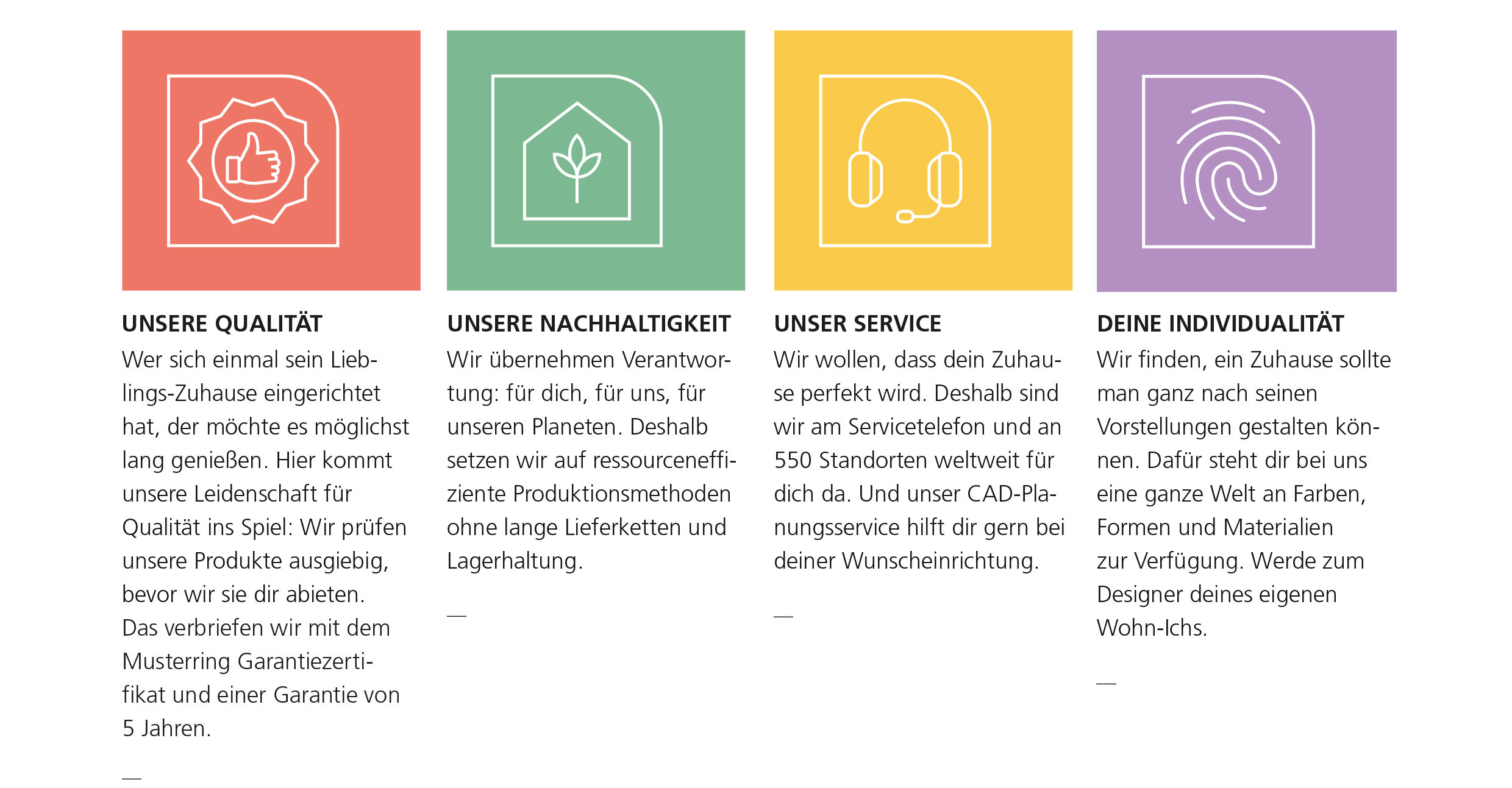 Qualität, Nachhaltigkeit, Service, Individualität, 5 Jahre Garantie