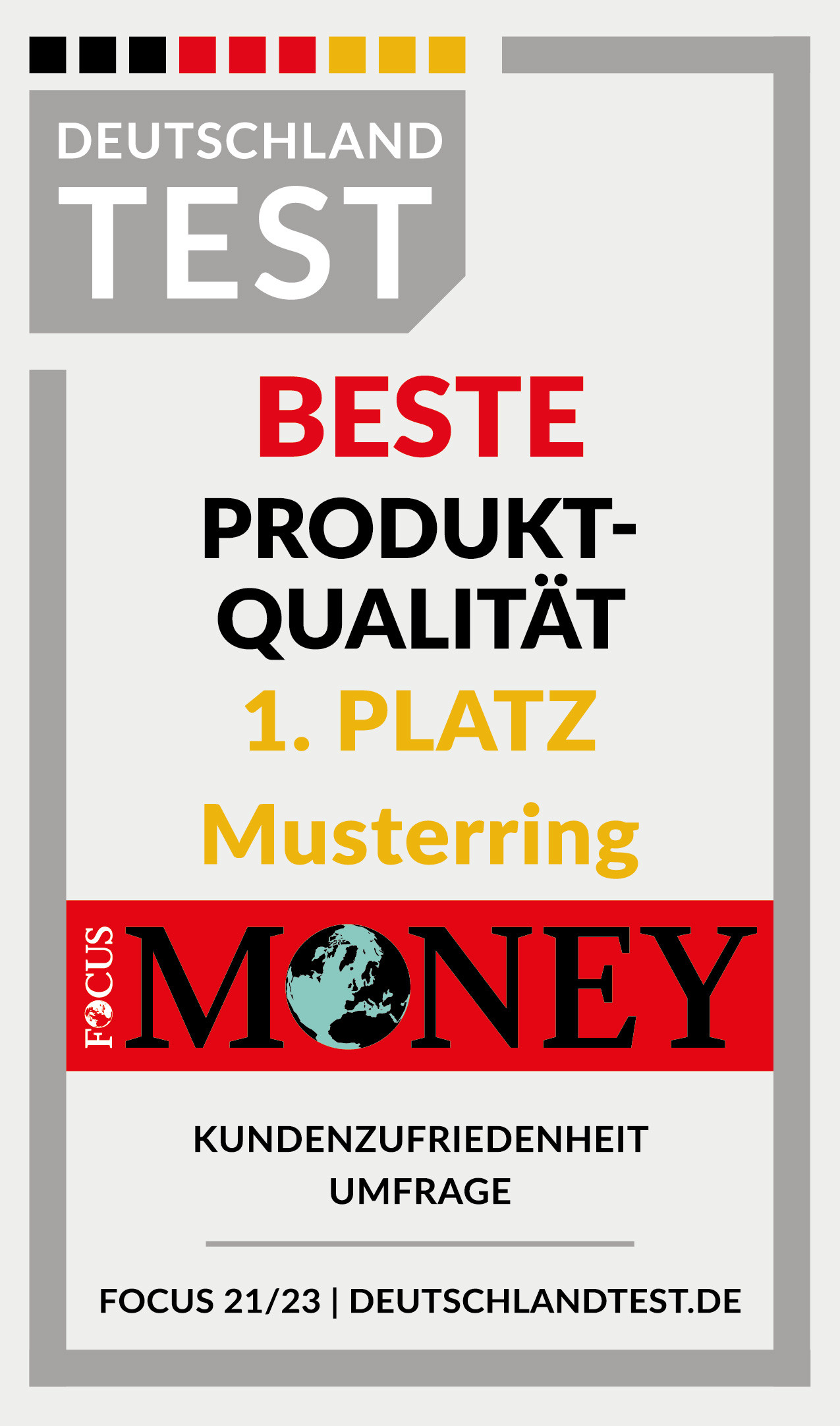 Focus Money Siegel mit der Auszeichnung "Beste Produktqualität! für Musterring