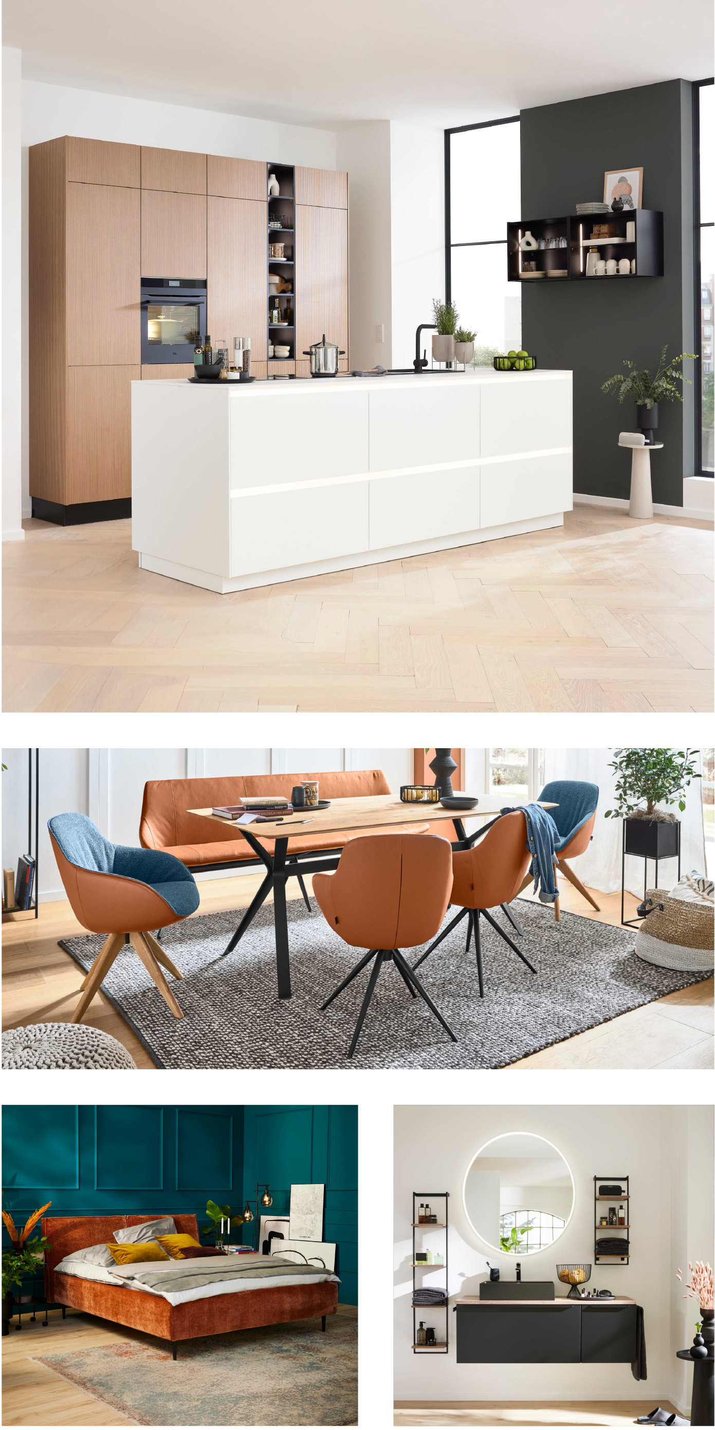 Collage verschiedener Wohnbereiche mit Interliving Möbeln: Küche, Esszimmer, Schlafzimmer & Badezimmer