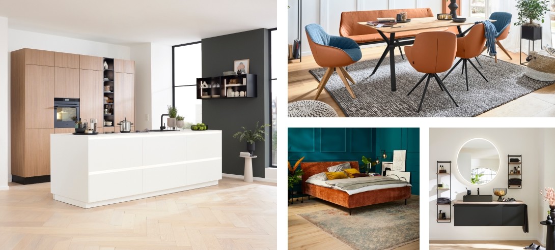 Collage verschiedener Wohnbereiche mit Interliving Möbeln: Küche, Esszimmer, Schlafzimmer & Badezimmer