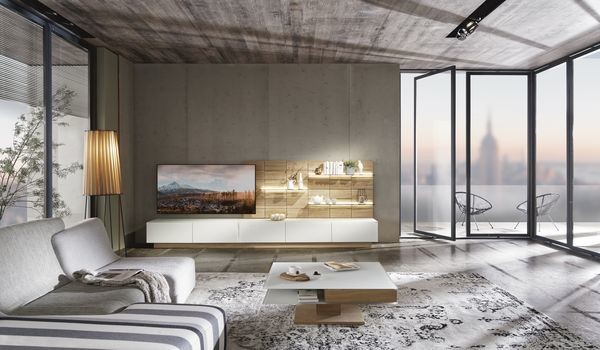 Voglauer Möbel Wohnzimmer bei Turflon Voglauer Möbel Wohnzimmer: helle Anbauwand und Tisch mit Ablage