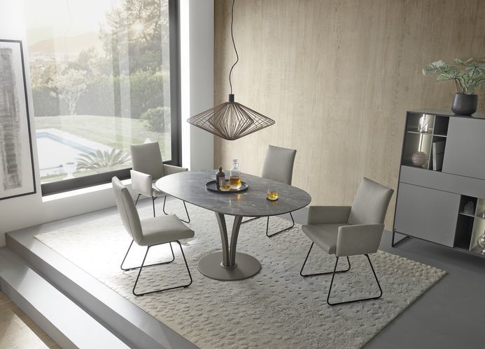 WK Stühle Vier beige WK Stühle mit Metallgestell um einem Esszimmertisch.. Zwei davon mit Armablagen.