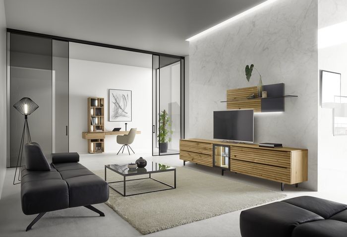 WK Wohnen Wohnwand WK Wohnwand in Naturholz-farbener Rillenoptik - Lowboard mit Hängeboard