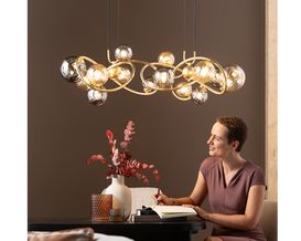 LED-Pendelleuchte "Metz", Metall goldfarben, Rauch- und Bernsteinglas