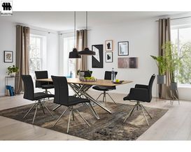 Stuhl "Helmond" Musterring, Echtleder schwarz, Gestell Edelstahl, Drehbar