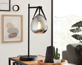 Interliving Tischlampe 9332, Rauchglas, Lederband, Metall