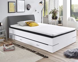 Futonbett "Prinz" weiß/anthrazit, ca. 140x200 cm, inkl. Matratze, Topper, Rollrost, Bettschubkasten