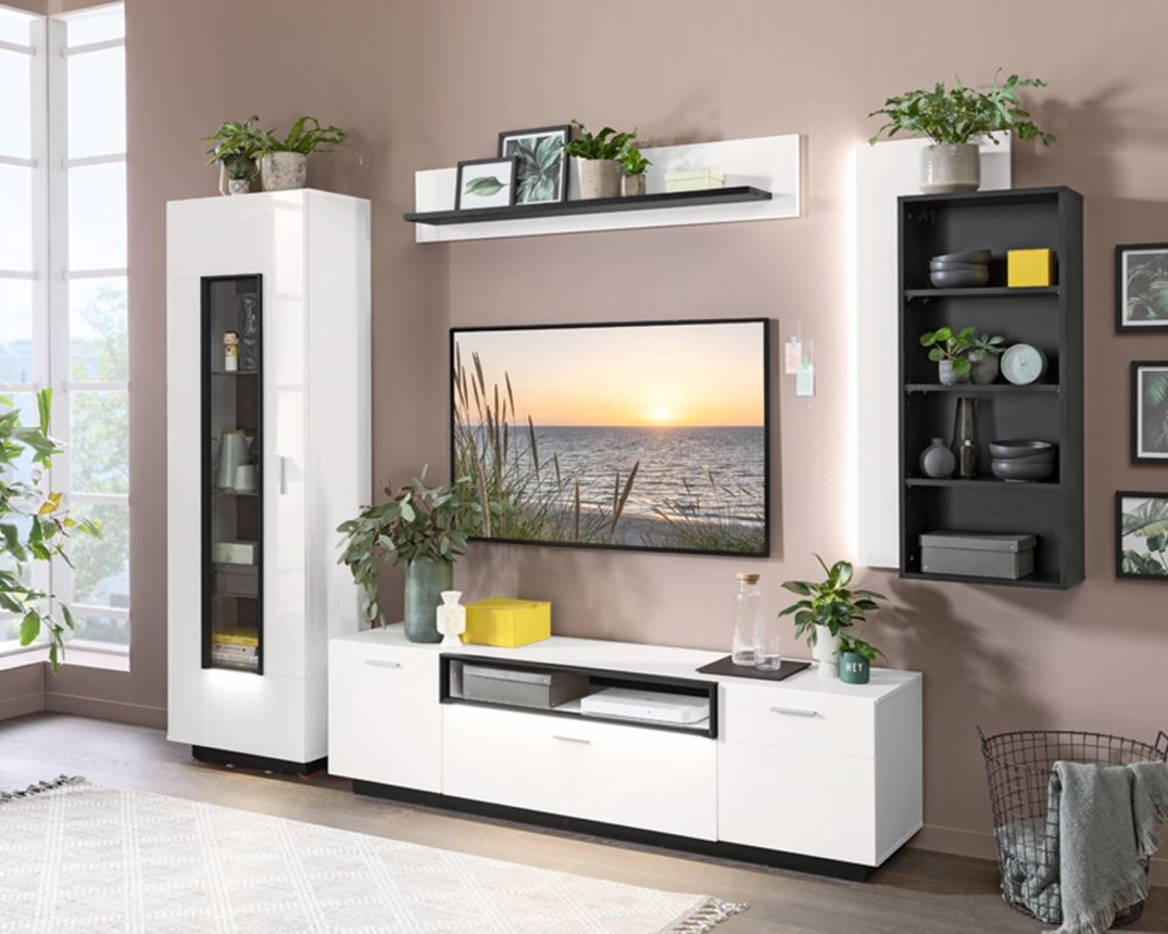 Vitrine "Wiesbaden" weiß Hochglanz - Weiß / Schwarz - 1