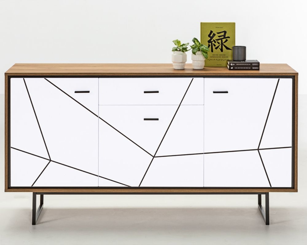 Sideboard "Werl", Hochglanz Weiß/Catania Eiche Nachbildung - Weiß / Holzfarben - 1