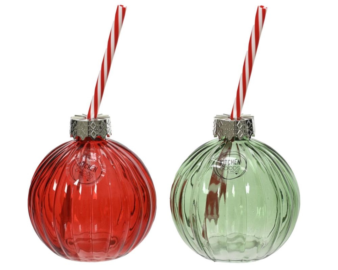 Trinkglas in Weihnachtskugelform, ca. 10,5 cm - Rot/Grün - 1