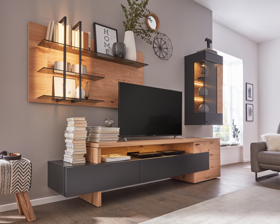 Anbauwand Interliving 2104 in Balkeneiche natur / anthrazit » Wohnwände