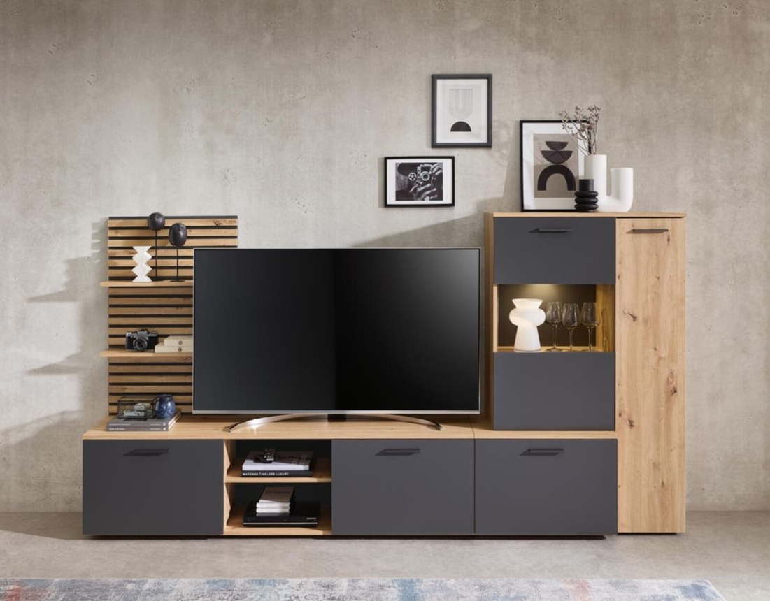 Wohnwand "Hendrik" mit Beleuchtung - Braun/Schwarz - 2