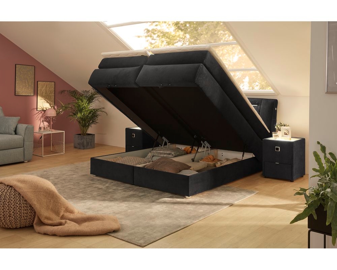 Boxspringbett "Jasmin" inkl. Bettkasten, LED-Beleuchtung und 2x USB-Port - Schwarz - 2