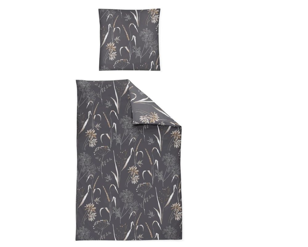 Biber-Bettwäsche-Garnitur mit Blumenmuster, grau - Grau - 2