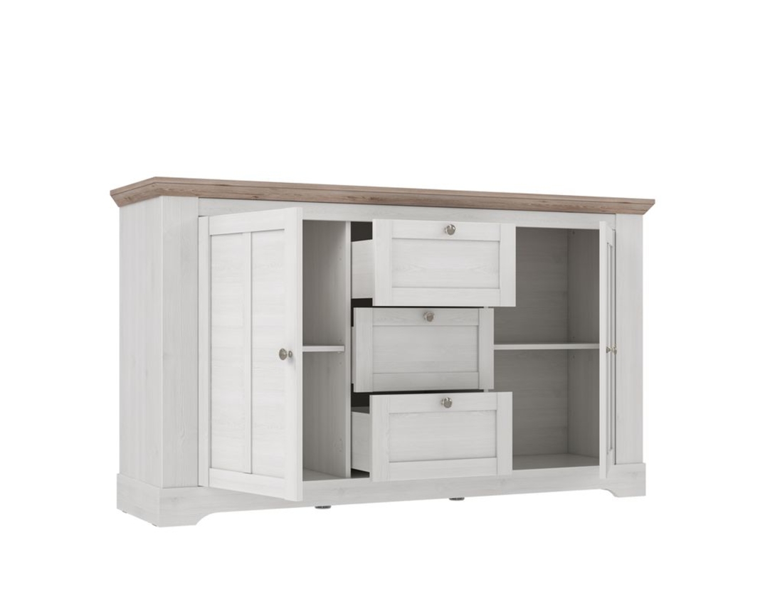 Sideboard "Fernanda" im Landhausstil, 2 Drehtüren, 3 Schubkästen - Snowy Oak - 5