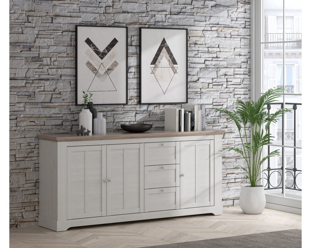 Sideboard "Fernanda" im Landhausstil, 3 Drehtüren, 3 Schubkästen - Snowy Oak - 1