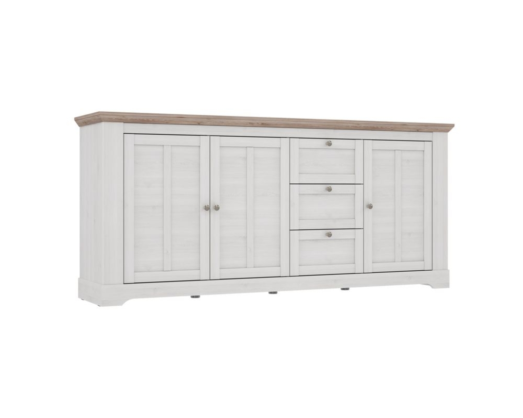 Sideboard "Fernanda" im Landhausstil, 3 Drehtüren, 3 Schubkästen - Snowy Oak - 3