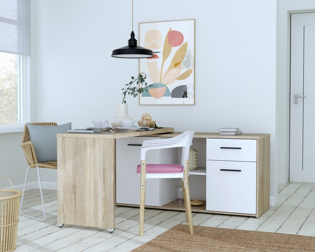 Schreibtisch "Fred", variabel, mit Türen und Schublade - Braun/Weiß - 9
