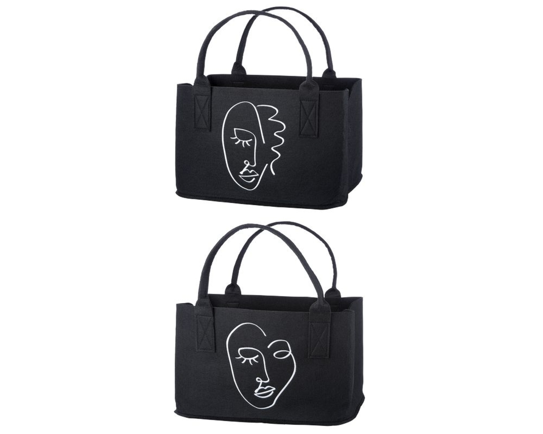 Tasche aus Filz, schwarz, mit Line Art Gesichtern - Schwarz / Weiß - 1