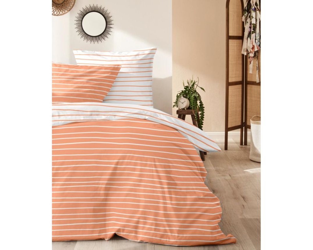 Perkal-Bettwäschegarnitur, korallenfarbene Streifen, ca. 135x200 cm - Koralle - 2