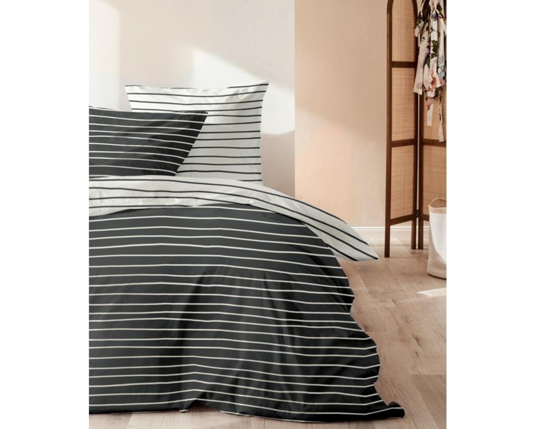 Perkal-Bettwäschegarnitur, schwarze Streifen, ca. 155x220 cm - Schwarz/Weiß - 2