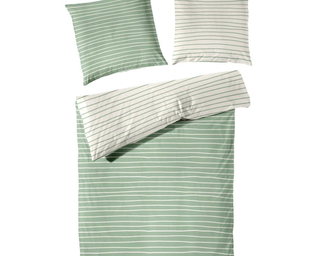 Perkal-Bettwäschegarnitur, grüne Streifen, ca. 155x220 cm - Salbei - 1