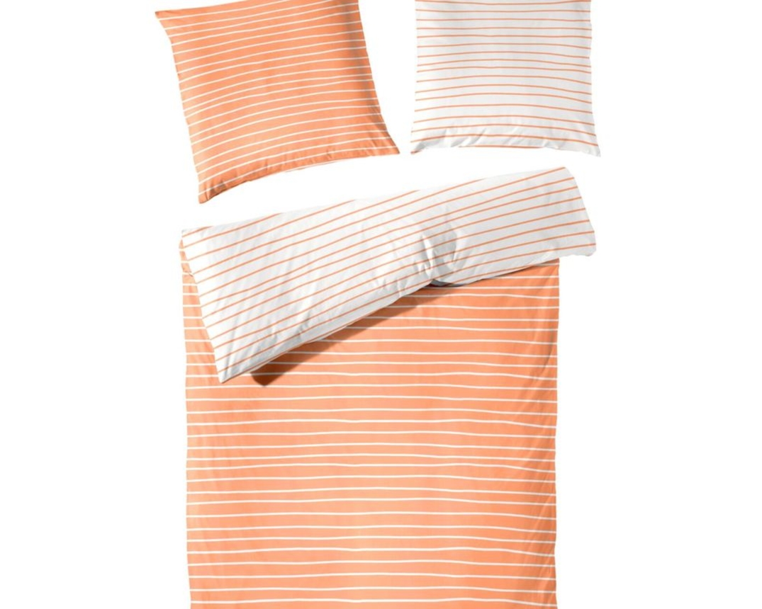 Perkal-Bettwäschegarnitur, orangene Streifen, ca. 155x220 cm - Orange - 1