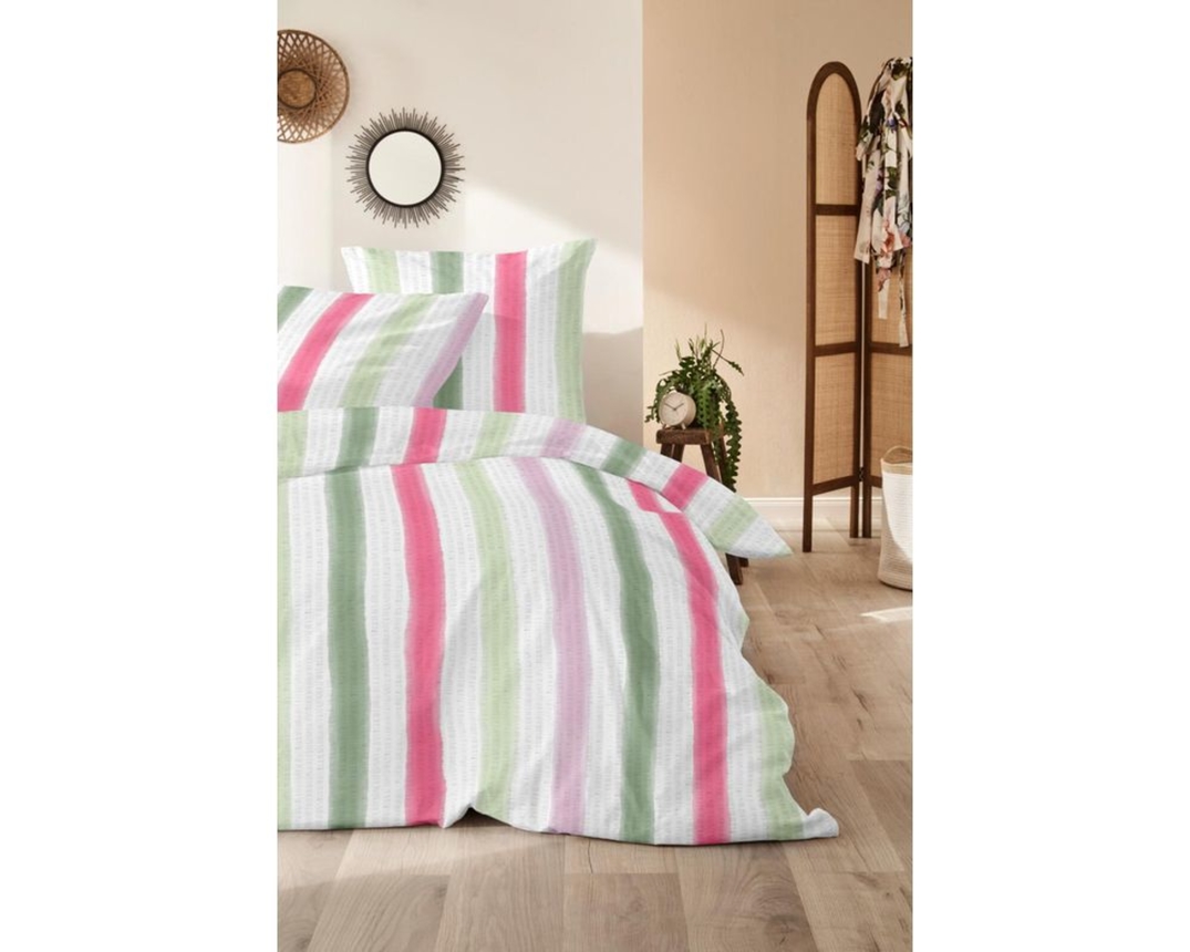Seersucker-Bettwäsche, ca. 155x220 cm - Pink/Grün/Weiß - 1