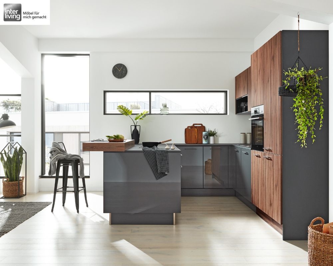 Interliving Küche 3610 Lack graphit Hochglanz, Sierra Eiche Nachbildung - Graphitfarben/Holzfarben - 3