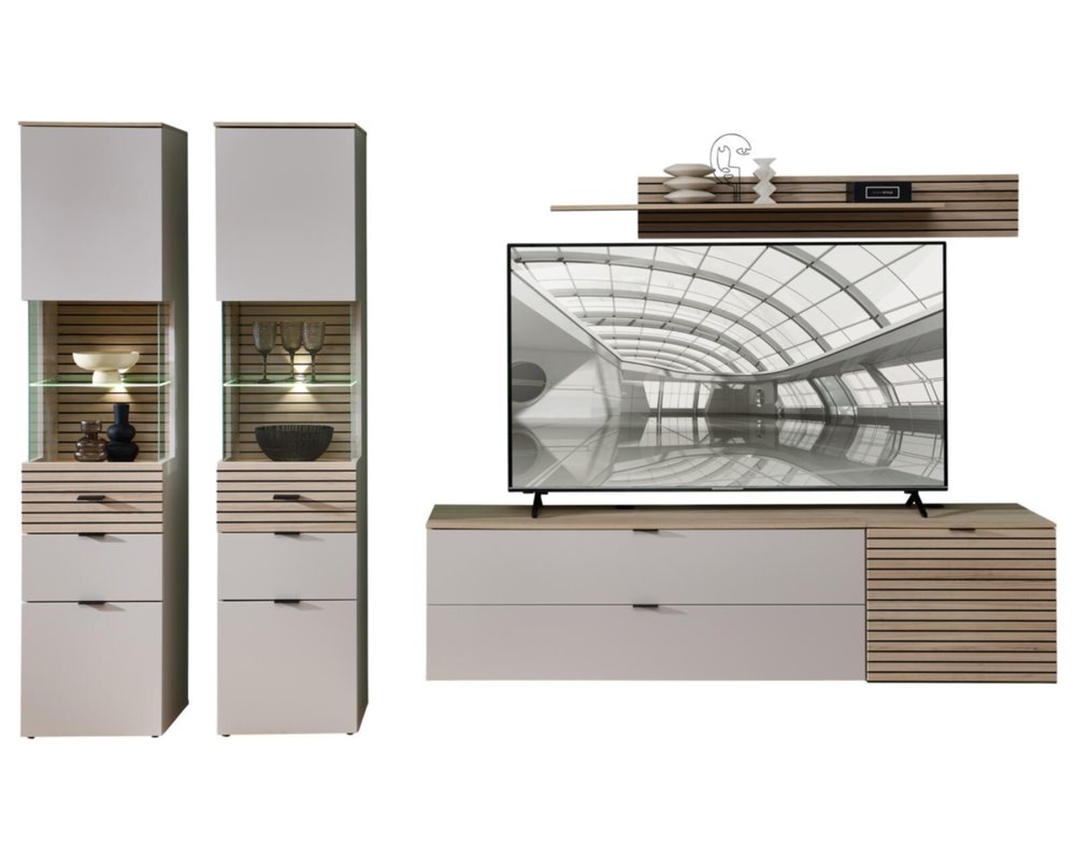 Wohnwand "Iwaki" mit LED-Beleuchtung - Kaschmir / Holz - 1