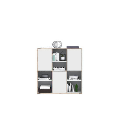 Highboard "Xiao" grifflos, mit drei Türen und sechs Einlegeböden - Weiß / Holzfarben - 1