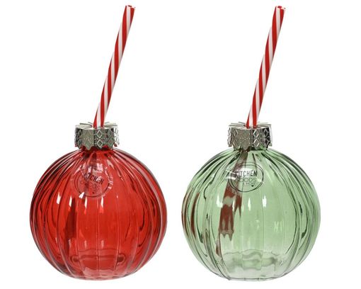 Trinkglas in Weihnachtskugelform, ca. 10,5 cm - Rot/Grün - 1