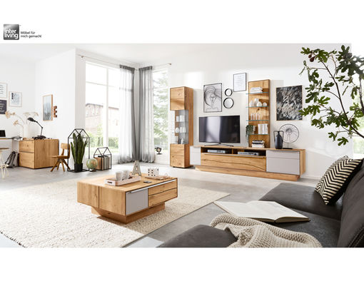 Anbauwand/Wohnkombination "Interliving 2020" Asteiche natur/Mattglas schlamm - braun/grau - 1