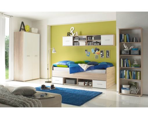 Jugendzimmer "Barbara" mit Kleiderschrank, Bett und zwei Regalen - Hellbraun/Weiß - 1