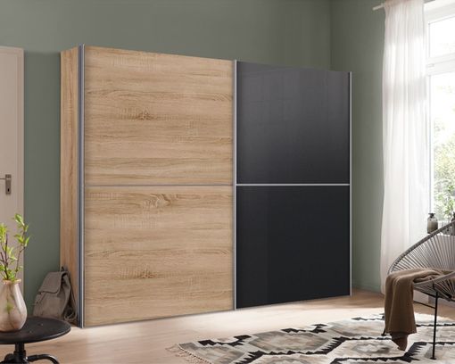 Schwebetürenschrank "Edinburgh" Sonoma Eiche Nachbildung, Basaltglas - Schwarz / Holzfarben - 2