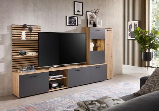 Wohnwand "Hendrik" mit Beleuchtung - Braun/Schwarz - 1