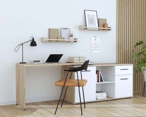 Schreibtisch "Fred", variabel, mit Türen und Schublade - Braun/Weiß - 7