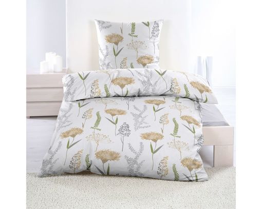 Bettwäsche-Garnitur Gräser/Blumen, ca. 135x200 cm - Weiß/Grün/Beige - 1
