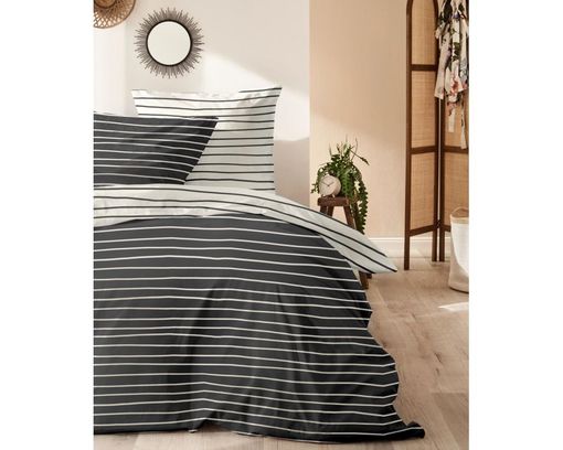 Perkal-Bettwäschegarnitur, schwarze Streifen, ca. 135x200 cm - Schwarz/Weiß - 2