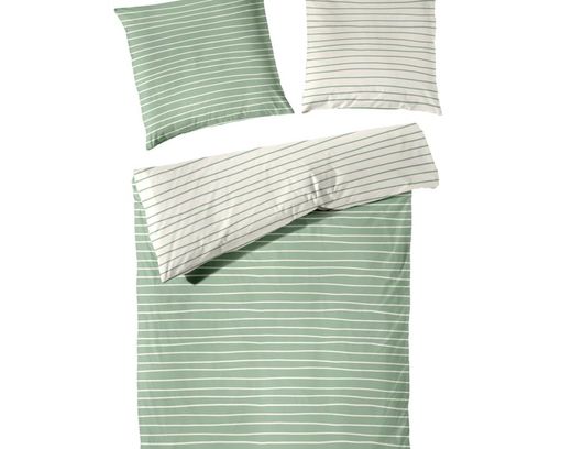 Perkal-Bettwäschegarnitur, grüne Streifen, ca. 135x200 cm - Salbei - 1