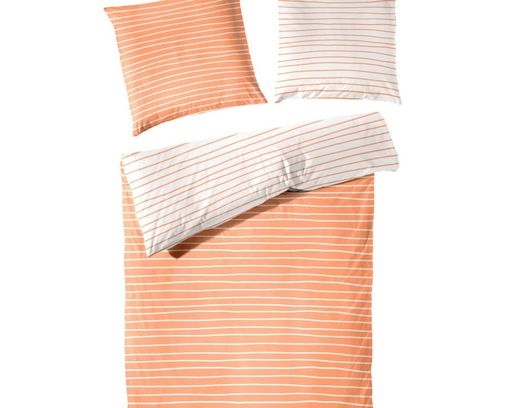 Perkal-Bettwäschegarnitur, orangene Streifen, ca. 155x220 cm - Orange - 1