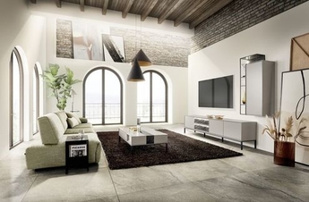 Ensembel aus WK Wohnzimmermöbeln: Couch, weißer Couchtisch  und eine weiße Wohnwand aus Lowboard und Hängeschrank