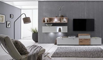 Venjakob Wohnwand - Kombination in Naturholz und Weiß mit Lowboard und zwei Hängeschränken