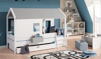 Tiny House Hausbett der Marke PAIDI mit Bettkasten und kleiner Einsitegsleiter