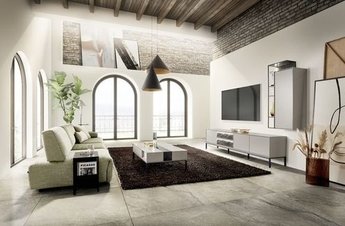 Ensembel aus WK Wohnzimmermöbeln: Couch, weißer Couchtisch  und eine weiße Wohnwand aus Lowboard und Hängeschrank