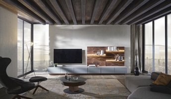 Voglauer Möbel Wohnzimmer kaufen bei Turflon Voglauer Möbel Wohnzimmer dunkles Holz, helle Fronten, Anbauwand mit LED-Licht, Couchtisch